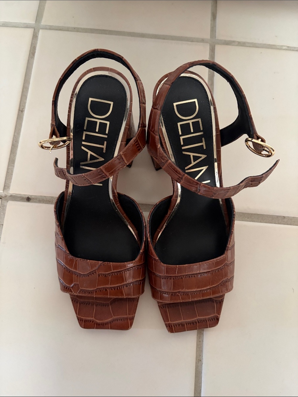 Deltan Croc-Embossed Brown Block Heel Sandals with Ankle Strap